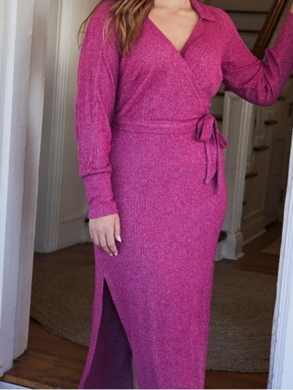 NWT Anthropologie Daily Practice Magenta Ribbed Collared Maxi Wrap dress
